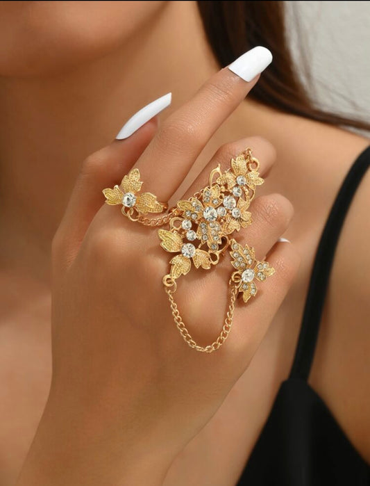 1pc Flower & Leaf Design Rhinestone Inlaid Luxury Knuckle Ring Party Jewelry